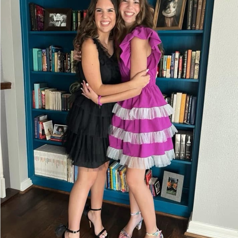 Ruffled Tiered Mini Dress in Magenta with Iridescent White Tulle Glitter Trim